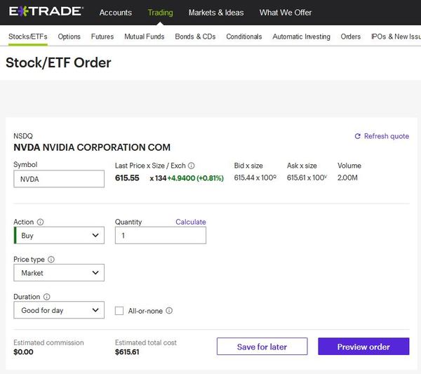 ETrade Stock/ETF order page.